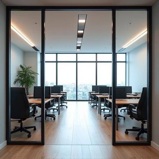 Image features an entrance of an office showcasing the company name Healthy Wealthy Limited. Modern office layout visible through glass doors. Desks with laptops arranged in an empty workspace. Bright and inviting atmosphere with natural light.