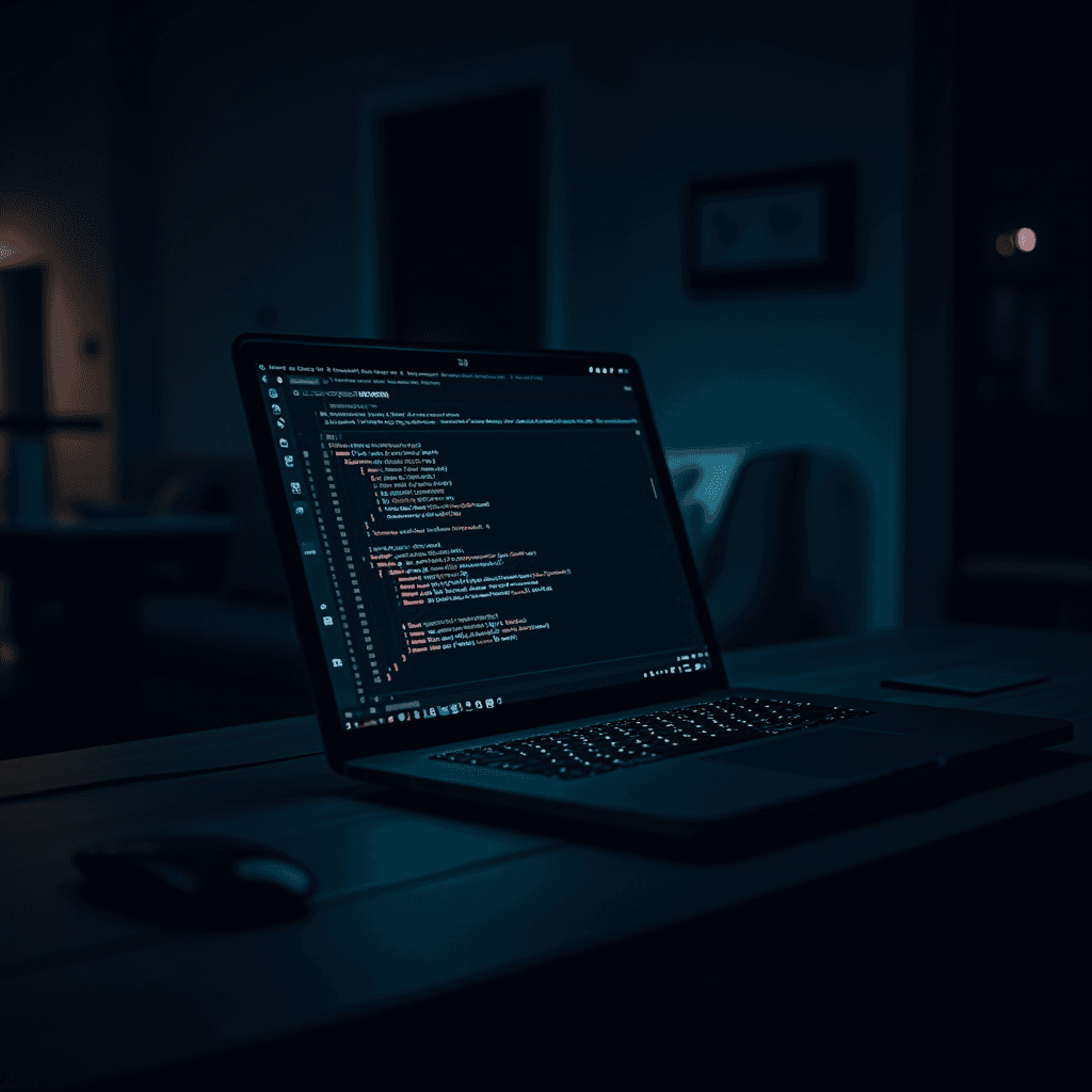 A laptop displaying code on the screen, set in a dimly lit room with a serene ambiance.