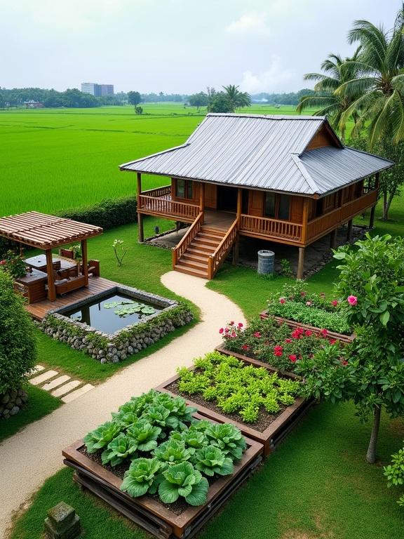 Serene rural homestead surrounded by lush green rice fields. Traditional wooden house on stilts with a metal roof. Surrounding garden features raised wooden planter boxes with vegetables. Ornamental pond with water lilies. Shaded pergola with seating area. Lush green lawn and blooming rose bushes enhance the landscape. Hori-zon includes distant rice paddies and clear sky.
