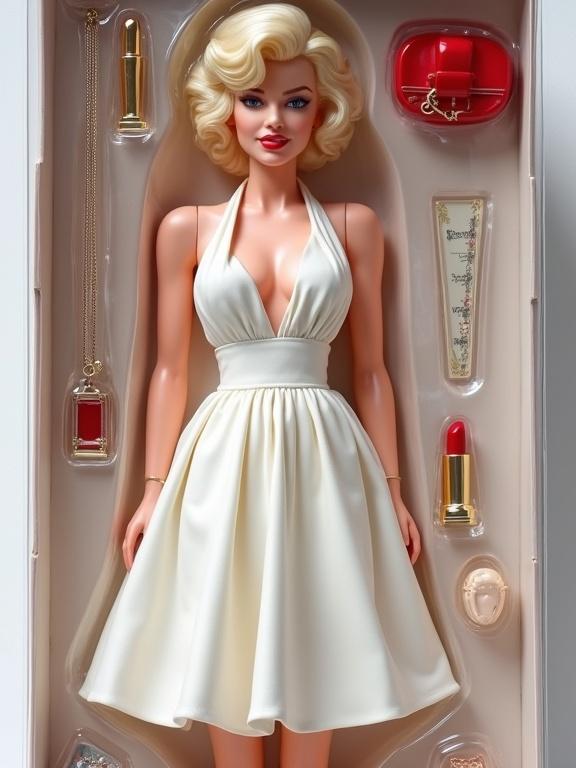 Marilyn Monroe as an action figure-style doll in iconic white dress with accessories. Doll has halter-style bodice and pleated skirt. Accessories include lipstick, handbag, and high heels displayed in packaging. Professional lighting and toy packaging background present.