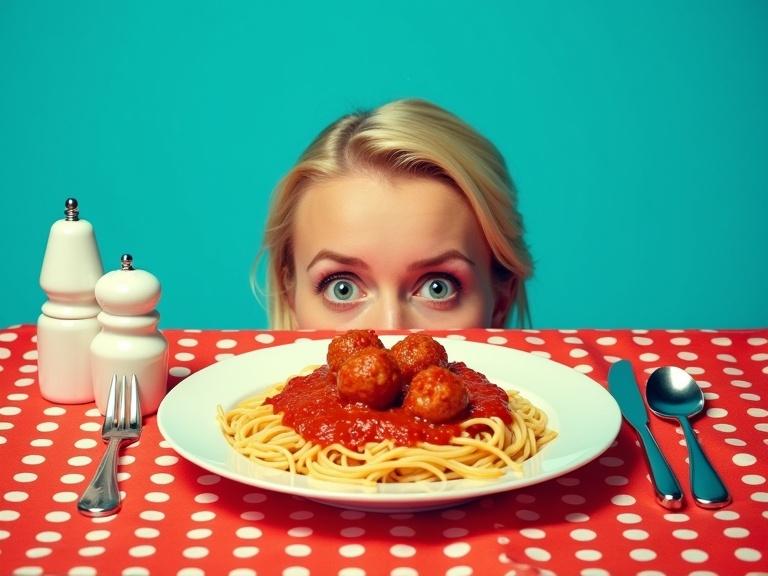 A woman peeks over a red and white polka-dotted tablecloth. Only her eyes and forehead are visible. She looks surprised. A plate of spaghetti and meatballs is in front of her. There is a knife and an unusual fork and spoon set beside the plate. Salt and pepper shakers are to the left. The background is turquoise blue. The lighting is bright and even. The style is retro with surrealism.
