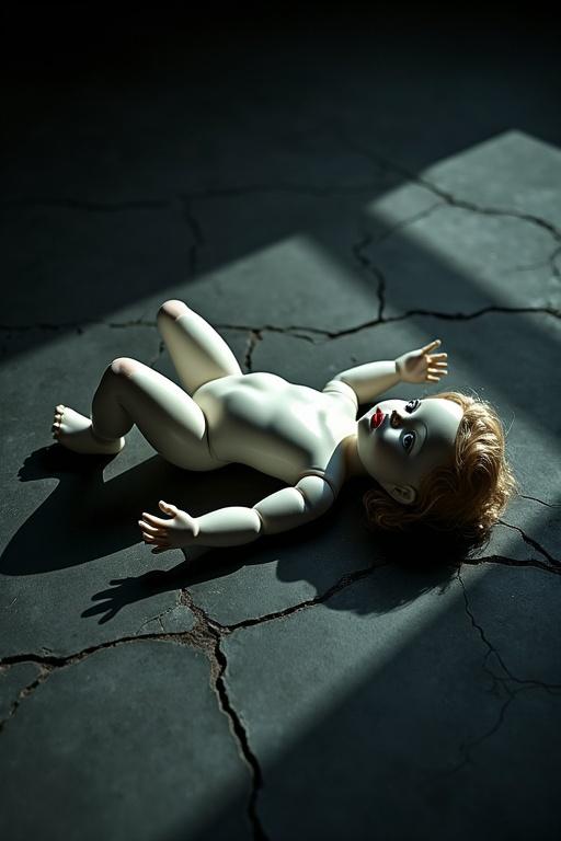Broken porcelain doll lying on a cracked black floor with dramatic lighting and dark shadows. Intense emotional atmosphere created in a cinematic style with muted colors and high contrast.