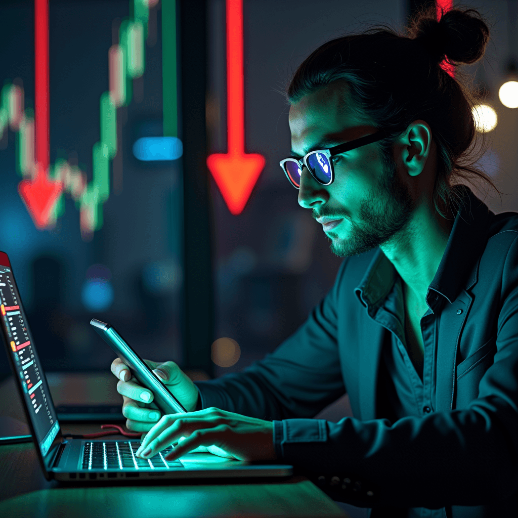 A focused individual with long hair and glasses uses a laptop and smartphone, illuminated by screen light, with glowing red arrows and financial graphs in the background indicating market trends.