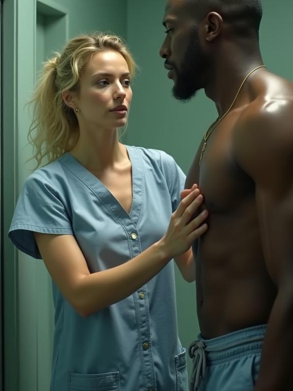 A nurse in scrubs attending to a shirtless man in a prison context. The scene captures an emotional interaction. The image has a low resolution and bright colors, giving it an unpolished aesthetic.