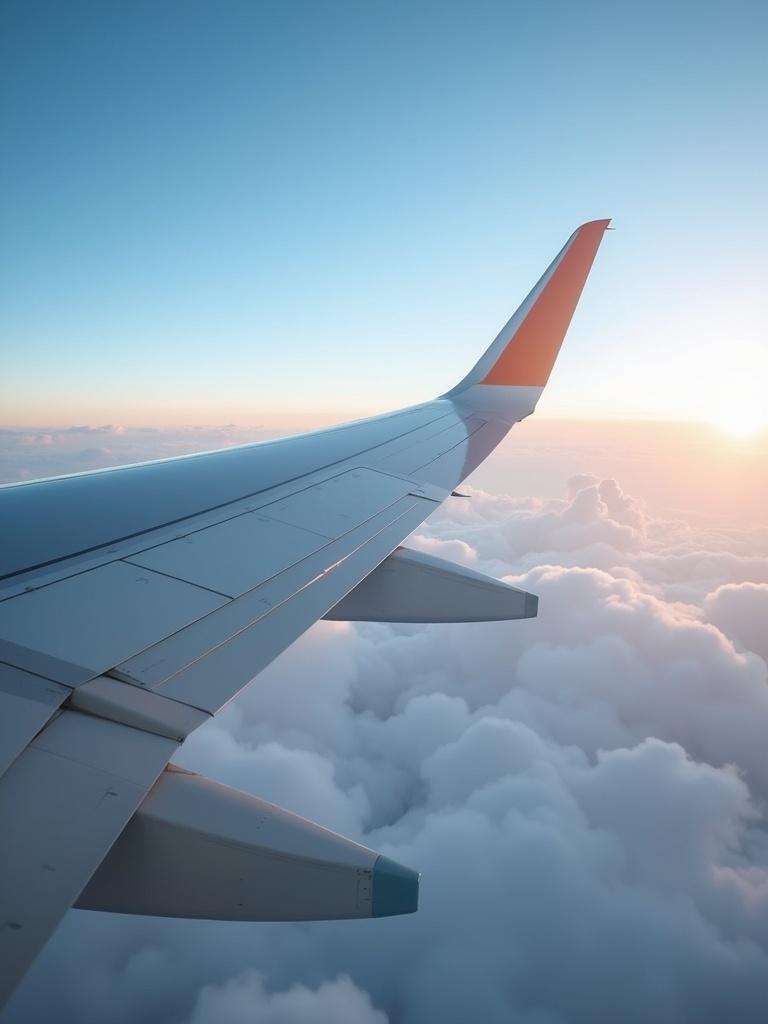 Image shows an airplane wing above the clouds with a beautiful sunset. The view is taken from an airplane window. The wing is sleek and modern with a gentle curve ending in a colored tip. The clouds below are thick and fluffy, creating a dreamy atmosphere.