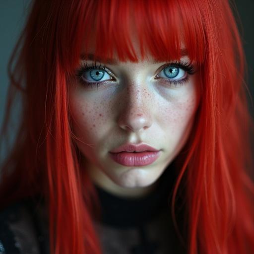 Goth woman with striking red hair and captivating blue eyes. Realistic close-up shot capturing her features.