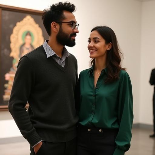 Candid photograph of a couple in high-end art gallery. Man is a Nepali with glasses and a beard, dressed in dark sweater. Woman is a taller, elegant Western woman in a silk blouse. They are engaged in conversation, with art in the background. The scene feels sophisticated and intimate.