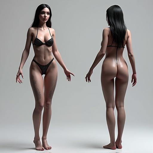 A 3D model displays a feminine female succubus. The model is shown from the front, side, and back in an A-pose with an hourglass figure. The body is stylized and rendered with octane. Lighting features high dynamic range for clarity.