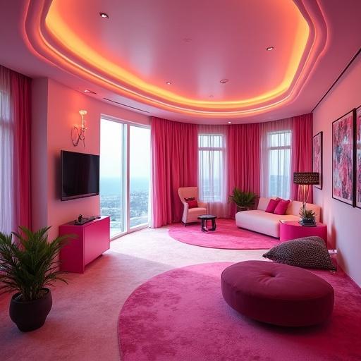 Futuristic hotel presidential suite with spacious design. Features stylish and luxurious elements. Bright and vibrant color scheme with vivid pink accents.
