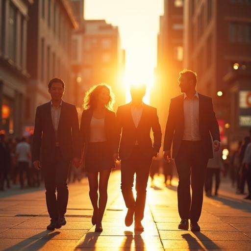 People walking confidently forward in bright light. They are smiling and dressed in stylish outfits. The light creates a warm and uplifting atmosphere. City street visible in the background.