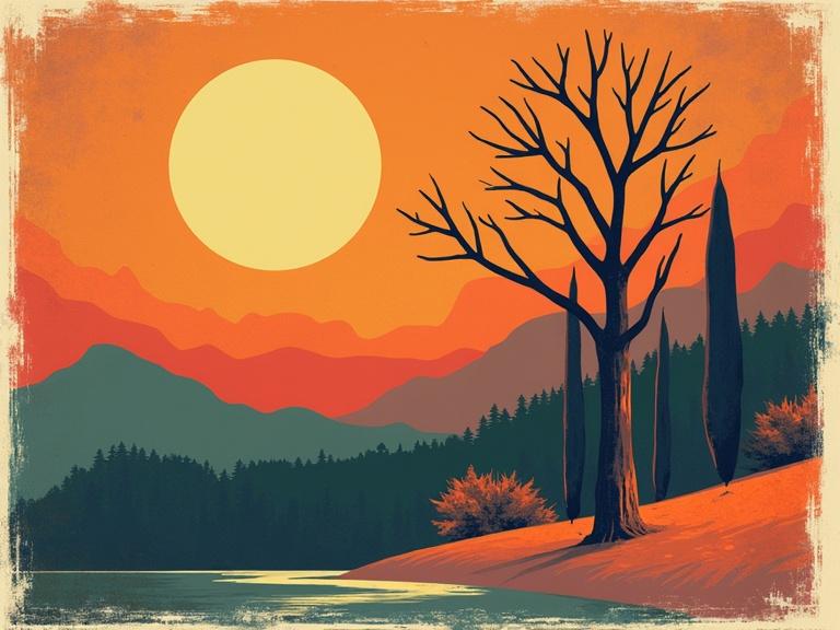Modern poster art with a large sun setting behind mountains. Silhouette of a bare tree is prominent. Colors are warm and striking.