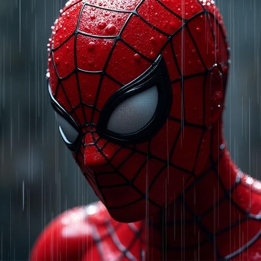 Cinematic close-up of Spider-Man in red and black suit. The suit appears wet with rain and glistens under dramatic lighting. Water streaks fall diagonally across the frame. The mask's black lenses reflect light sharply. The background is dark which enhances the detail and moisture on the suit creating an intense emotional atmosphere.