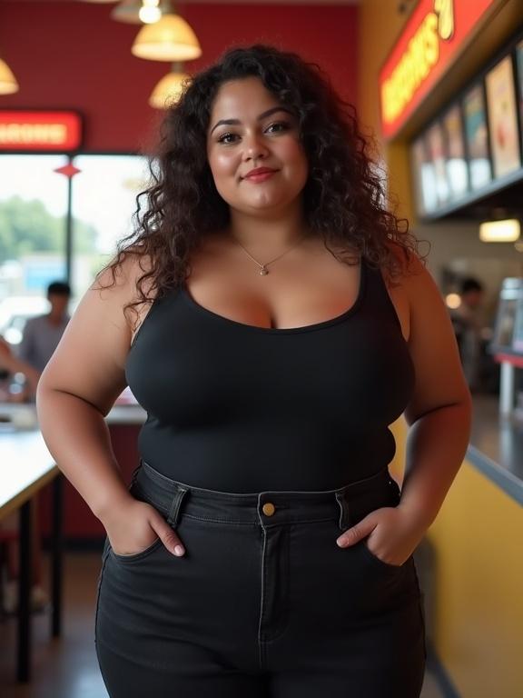 Portrait of a beautiful plus size pear shaped Latina woman in a fast food setting. She wears a black tank top and black jeans. The focus is on her fashion style and overall confidence. The background shows elements of the fast food restaurant.