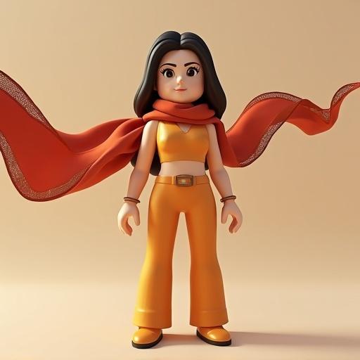 Luxury female Roblox avatar styled with a flowing Hermès silk scarf. Features a minimalist high fashion look. Soft lighting enhances warm tones.