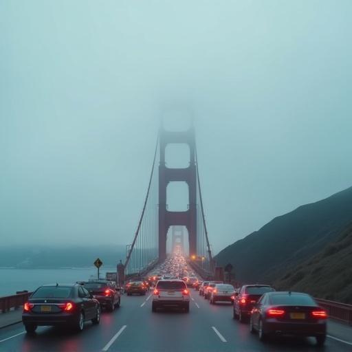 Golden Gate Bridge shrouded in fog. Cars stuck in traffic create depth. Road stretches into the distance. Daytime cloudy lighting sets a tense mood. Barely visible silhouette of an underwater monster adds a creepy element.