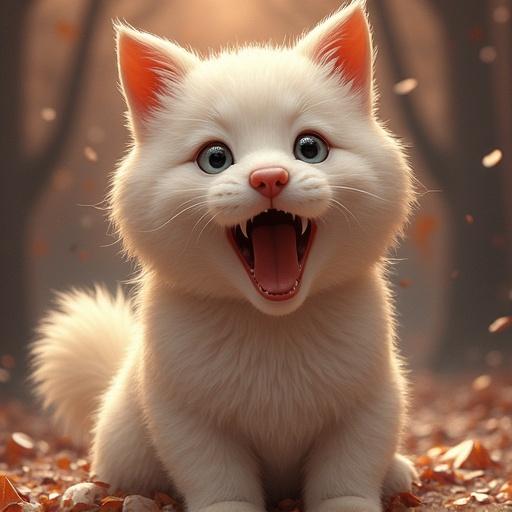 A fluffy white cat in a joyful pose surrounded by a blurred, warm background with soft lighting.