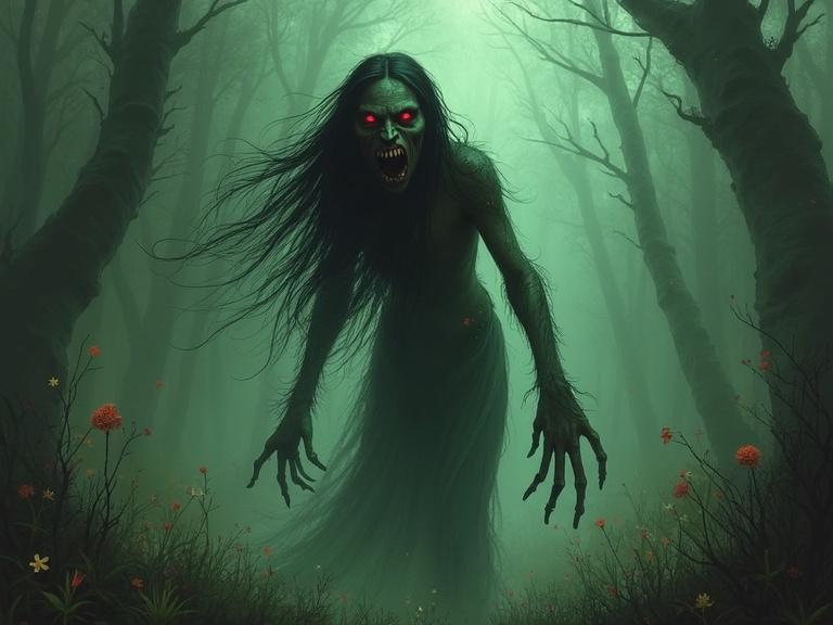A horrific zombie figure in a misty forest. The figure has long hair, glowing red eyes, and elongated fingers. Surrounding scenery includes dark trees and fog.