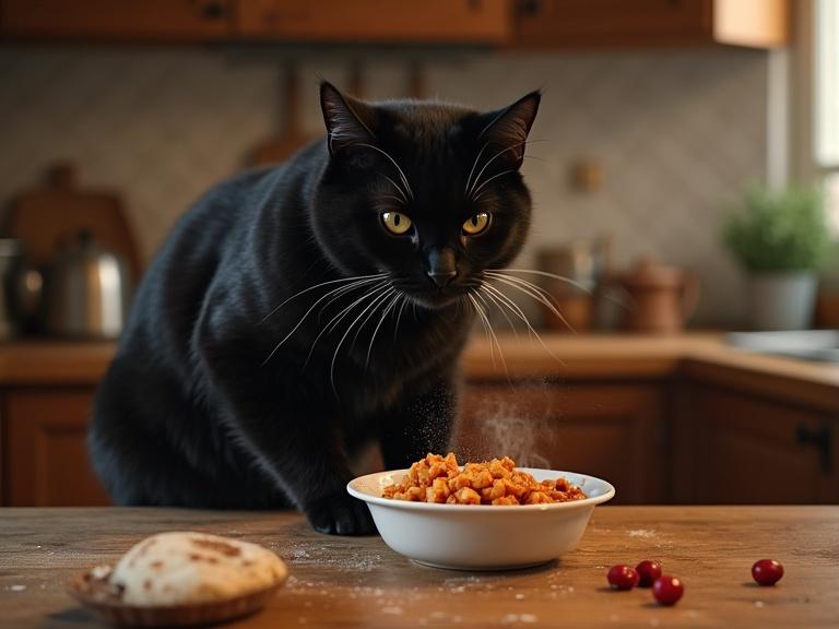 Realistic rendering of a black cat chef preparing food in a bowl with additional cats in the background in a professional kitchen.