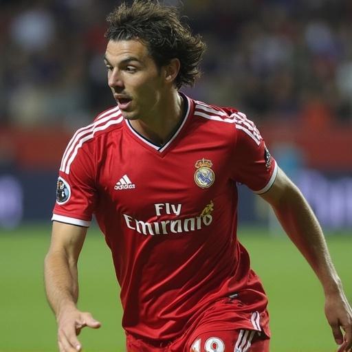 Soccer player wearing a red jersey holding dollar bills. The footballer exhibits athleticism and style, conveying a sense of competitiveness and financial prosperity.