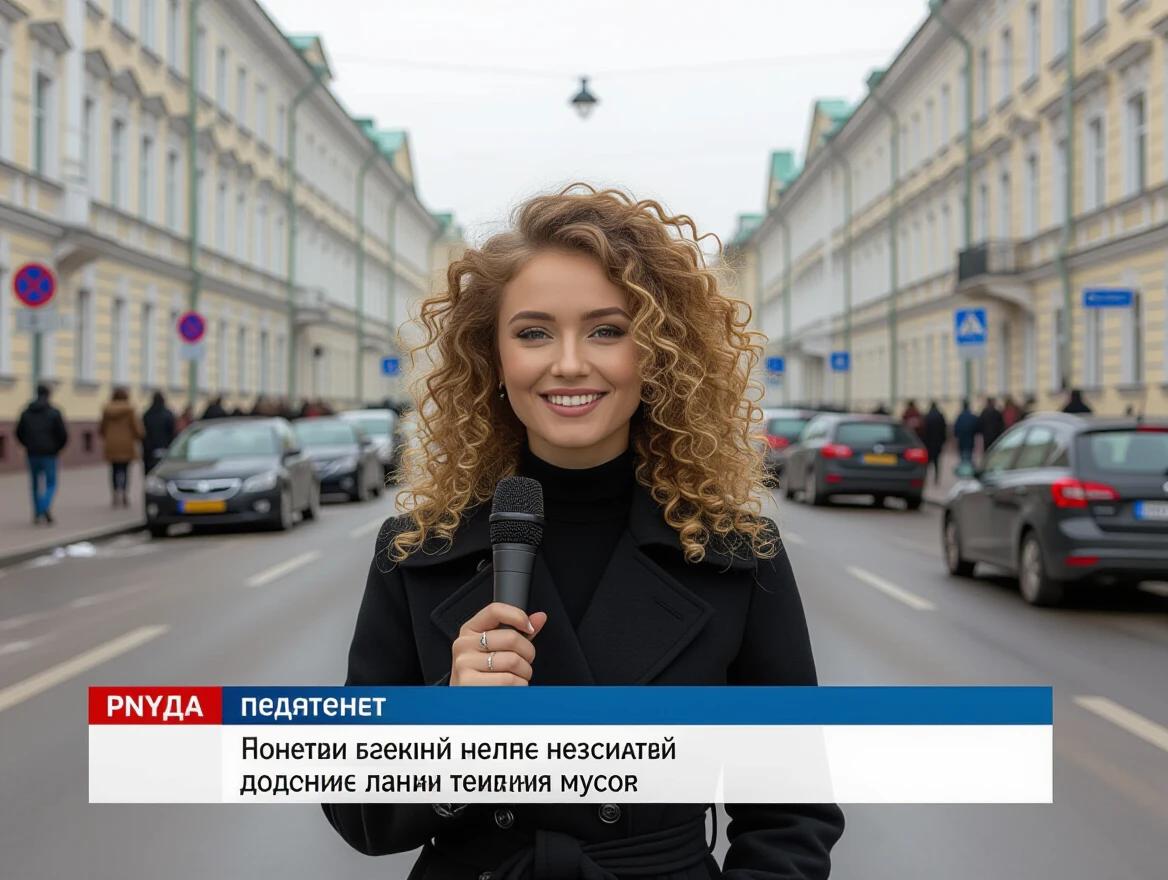 Report from St. Petersburg street. News anchor with curly blonde hair. Holding microphone. City street shows potholes and litter. Text on microphone says ПNВДА.