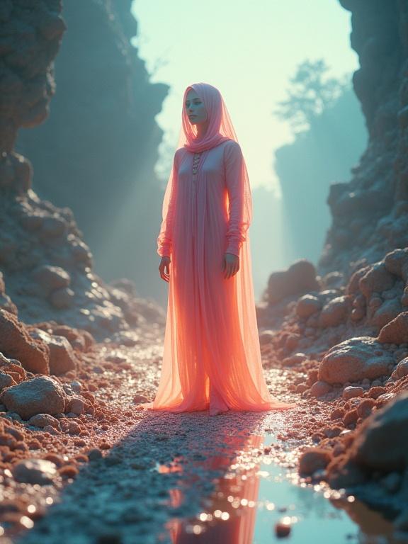 A figure in soft light stands in a dreamlike landscape. The figure wears flowing attire creating long shadows on the ground. Detailed small objects surround the figure. Soft cinematic lighting enhances dramatic contrasts. A dolly zoom effect distorts the background perspective. Long exposure captures movement in the scene. Ultra-detailed photography with sharp focus.