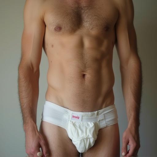 Twenty years old male model wearing a diaper with a relaxed pose. Focus on the clothing and the model's expression.