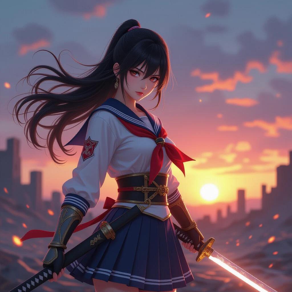 Japanese high school girl swordfighter wearing a modified sailor uniform with fantasy armor holding a glowing katana on a battlefield at sunset. Long black hair flowing in the wind and detailed face with expressive eyes. Background has ruins and floating lights in a fantasy style.