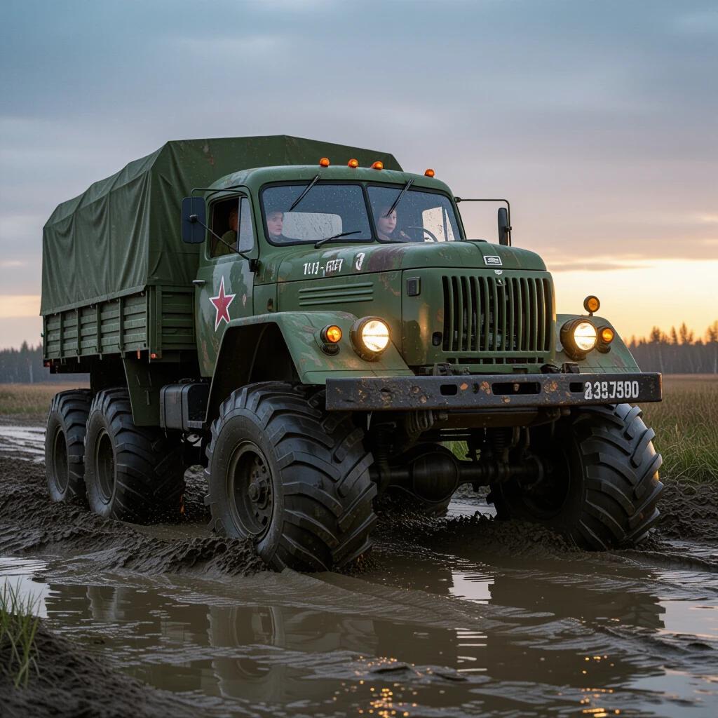 A massive Soviet ZIL-157 military truck with colossal mud-tractor tires is plowing through knee-deep mud. Wheels are hurling thick waves of mud. The truck has heavily rusted olive-green paint with zero insignia and a cracked windshield. Background shows a Siberian swamp at dusk. Extreme detailing of mud-caked tire treads and rain droplets. Photographed with cinematic motion blur.