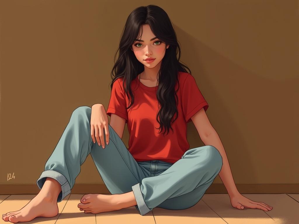 This artwork features a character named Maxine, depicted sitting on the floor in a moment of quiet contemplation. At 24 years old, she has long, dark, straight hair framing her face, accentuating her striking green eyes. Her neutral expression hints at inner thoughtfulness. The color palette enhances emotional depth: her bright red shirt stands out against warm brown tones of the background, suggesting a cozy environment. Light blue jeans add a casual vibe to her look. Maxine is seated with one leg extended and the other bent in a relaxed posture. Positioned slightly off-center, she draws the viewer’s eye, with the perspective at eye level, fostering a sense of relatability. Soft, diffused lighting casts gentle shadows, enhancing the three-dimensionality of both Maxine and her surroundings. This thoughtful arrangement encapsulates Maxine's character and invites deeper engagement with the artwork.