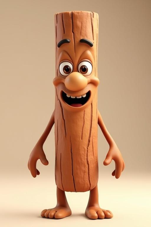 3D model of an anthropomorphic cinnamon stick character. Texture of the cinnamon bark is visible. Character has cartoon eyes defined nose and mouth. Posed dynamically. Studio lighting enhances features.