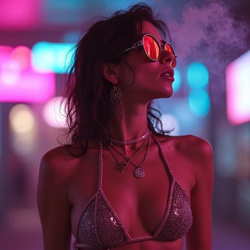 A cyberpunk girl in a sparkly bikini stands in a vibrant city scene. She smokes a cigarette under neon lights. Her accessories shine in the colorful background. The overall atmosphere is electric and edgy.
