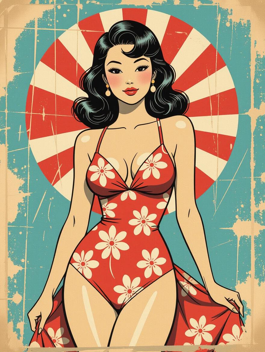 Weathered card with scratches features glamorous Japanese woman in red swimsuit with flowers. 1950s style, sassy pose and flirty expression. Low angle view with intricate details, minimalistic style, painterly effect, limited color palette