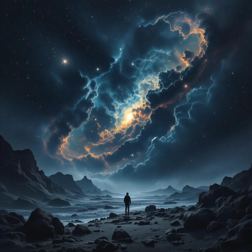 Surreal scene depicts a dark nebula with a cosmic background. A figure stands on a rocky shore gazing at the magnificent spectacle in the night sky. Evokes wonder and contemplation about the universe.