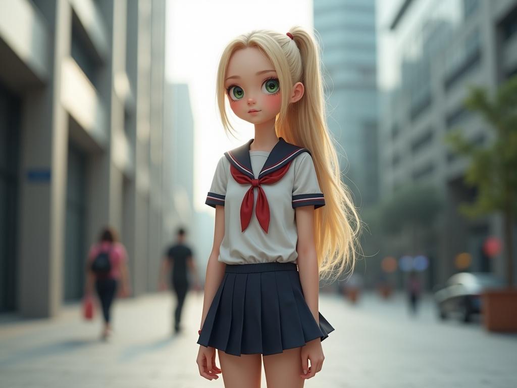 Photo realistic image of a gorgeous teenage girl with long blonde ponytail and big green eyes. She has smooth pale skin and a cute smile. Dressed in a school uniform featuring an extremely short skirt. The girl stands shyly in a modern city, blushing. The image is zoomed out to show her full body.