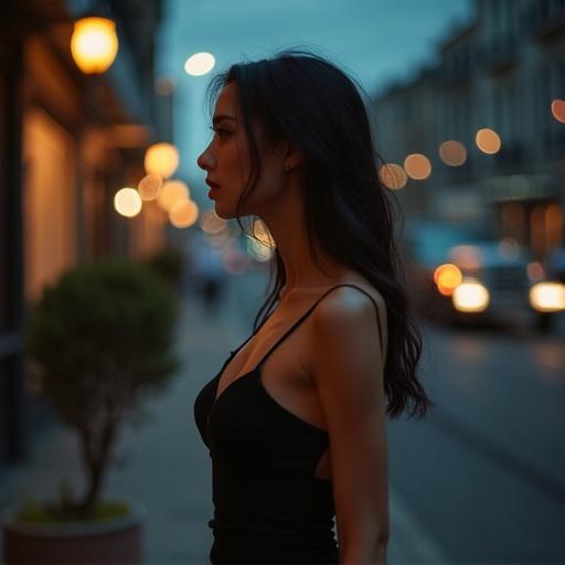 A full-body portrait of a woman with a soft round face and alluring gaze. Standing under dim city lights at night. Wearing an elegant, subtly provocative evening dress. Soft shadows and glowing highlights. Moody atmosphere with cinematic lighting. Sensual and mysterious vibe. Intended for mature audiences.