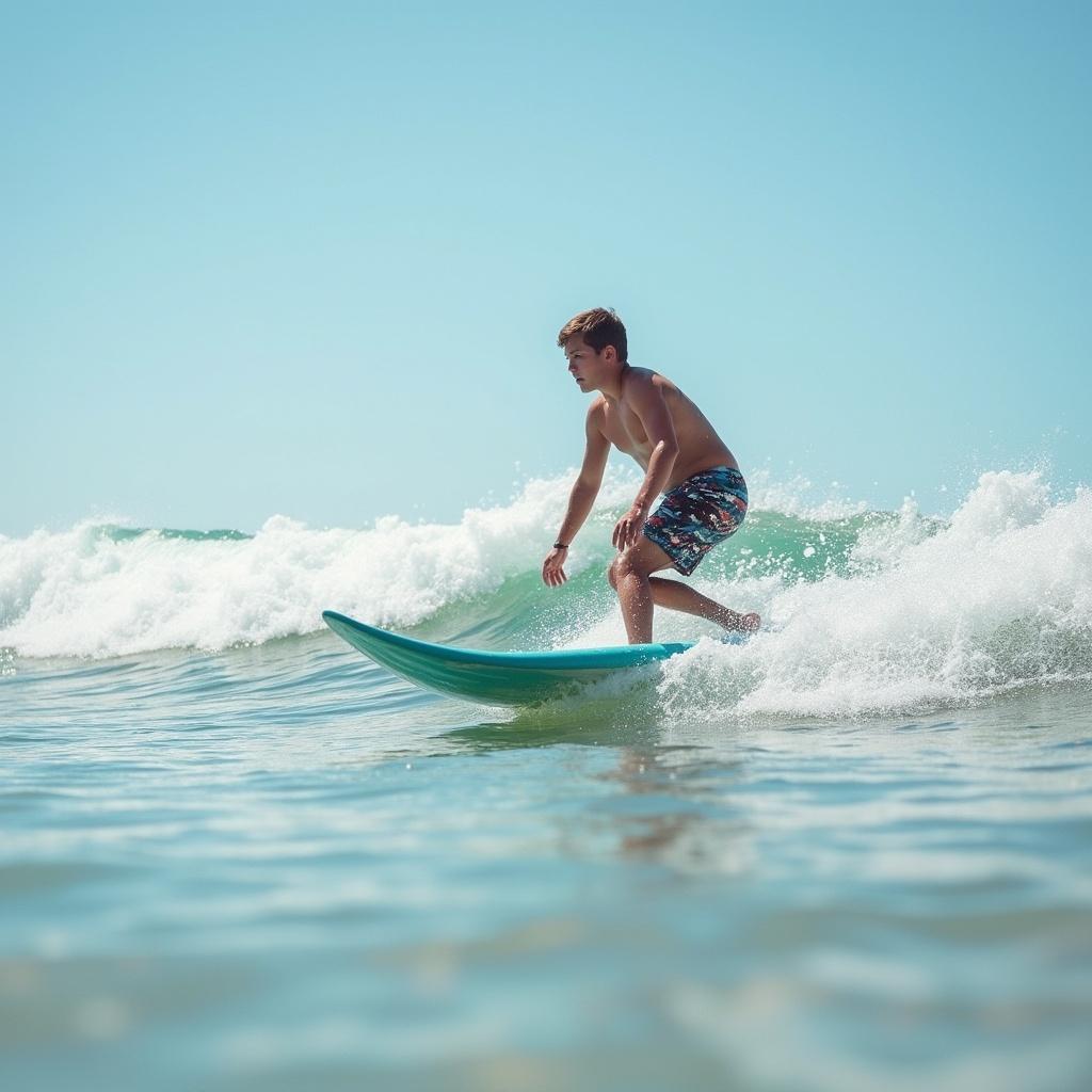 Teenager surfing in the ocean waves. Clear blue sky in the background. Focus on the surfing action.