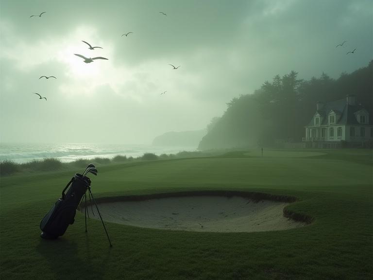 Foggy French coastal golf course at dawn. Dew-covered grass and empty fairways stretch toward a distant cliff. An elegant villa in the background. An abandoned golf bag near a sand trap casts a long shadow. Quiet and eerie atmosphere with seagulls circling overhead. Dark clouds gathering on the horizon.