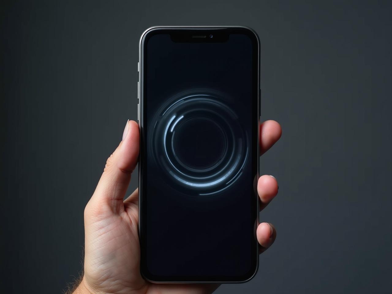 A hand holds a smartphone displaying an AI chatbot application. The screen shows a dark, swirling design that captures attention. The device is tilted slightly to showcase the screen clearly. The background is very muted, enhancing the focus on the phone. The hand is positioned naturally, suggesting ease of use and accessibility. The lighting is soft, contributing to a sleek, modern look.