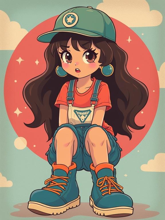 The image showcases a cartoon girl sitting in a relaxed pose. She wears a bright outfit including an orange t-shirt, denim overalls, and blue boots. Her long hair flows beautifully. The background features a stylized skyline and highlighting clouds that provide a retro vibe.