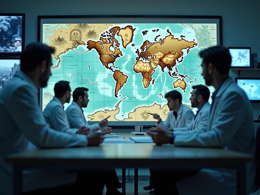 A scene shows scientists in a lab analyzing the Piri Reis map with digital screens. They point at anomalies while debating around a table. Behind them are blurred ancient maps and mysterious symbols. The composition balances logic and legend.