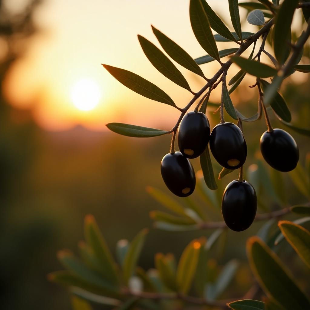 Close-up of a branch with black olives against a sunset background. The olives are dark and shiny with green leaves surrounding them.