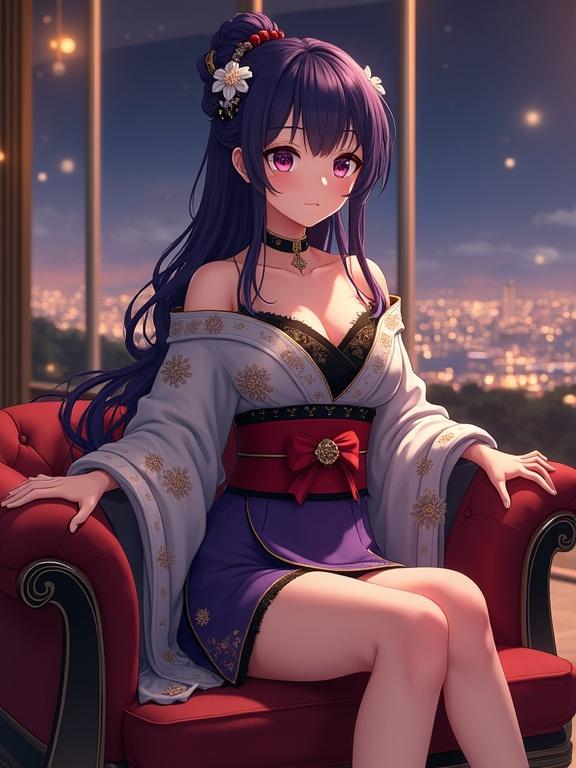 Full-body view of an anime-style lady with dark violet hair in an elegant updo under traditional Japanese hairpins. Large violet eyes with a calm expression. Wearing a luxurious kimono with floral patterns on white sleeves layered over a black base. A red obi belt around her waist. Seated on a luxurious sofa in a high-end lounge, relaxing pose with knees bent. Dimly lit lounge showcasing modern furniture and a city nightscape view.