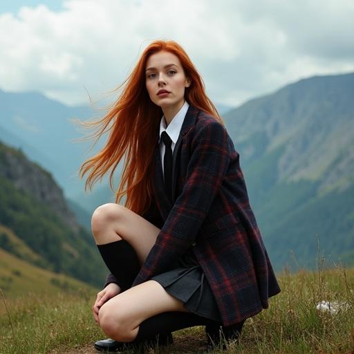 Realistic portrait of a young woman with long red hair kneeling in a grassy mountain field. Wearing a vintage-style dark plaid blazer, white shirt, black tie, pleated skirt, and knee-high socks. Confidently sitting with one knee raised and one hand on lap. Surrounded by dramatic mountain peaks and cloudy skies.