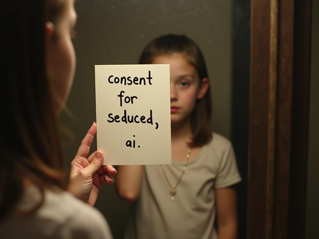 A girl is holding a piece of paper in front of a mirror. The paper has a handwritten message that reads 'consent for seduced, ai'. Her arm and hand are visible as she holds the paper up. The setting is an indoor space with soft, warm lighting, creating a cozy atmosphere. The image has a grainy texture, which adds to its artistic feel. The primary focus of the photo is on the paper, highlighting the message written on it.