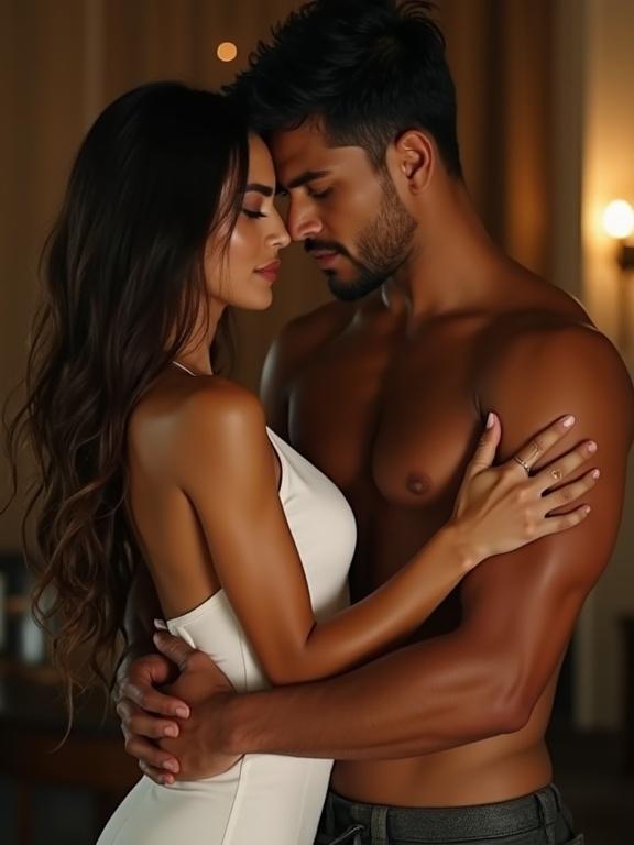 Couple embracing closely. Indonesian woman 35s with long wavy hair. Wearing tight white sleeveless dress. Young muscular Indonesian man shirtless holds her. Soft lighting highlights features. Elegant warm background.