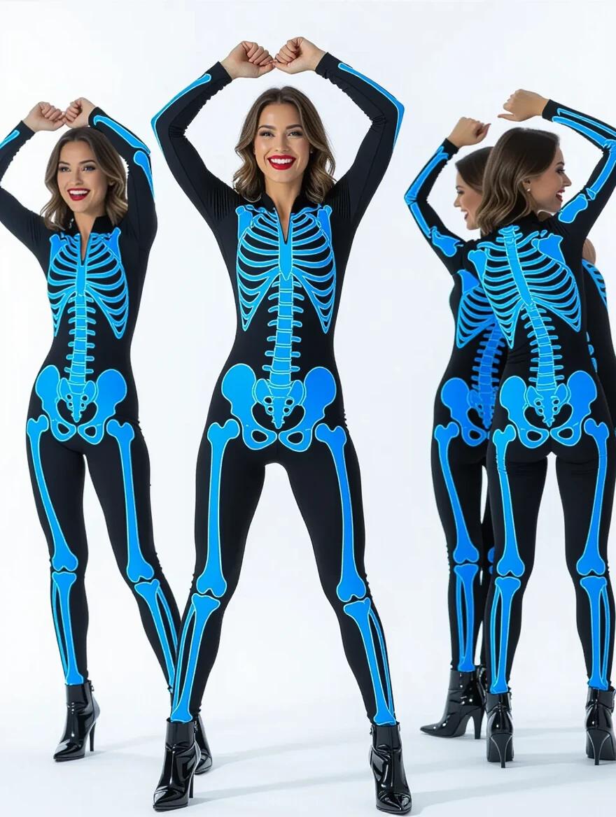 Photograph of a woman wearing a full-body skeleton bodysuit with bright blue and white details on a black background. She is posing playfully with arms raised and smiling. The bodysuit has a front zipper and fits closely to her body. She is wearing black high-heeled ankle boots. The background is plain white and clean. The lighting is bright and even, highlighting the costume's striking patterns. The overall style is fun and festive, suitable for Halloween.