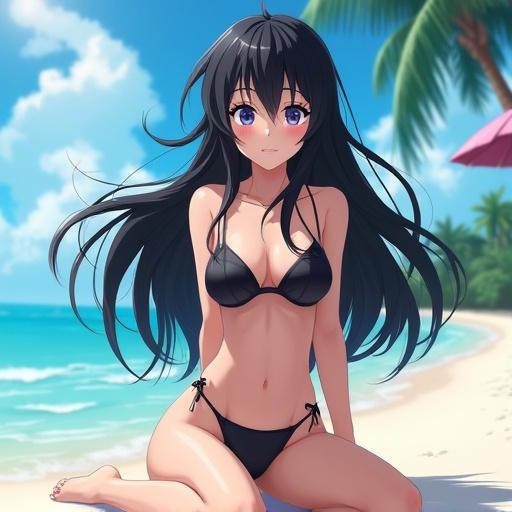 Anime girl with long black hair wears a black bikini at the beach. Bright sunny day with palm trees.