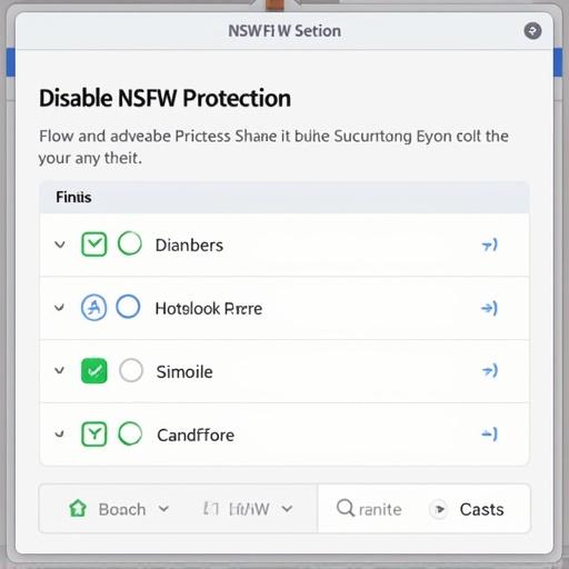 User interface displaying options for disabling NSFW protection. Settings for content filters are visible. List includes options with check marks and icons. Focus on user control over safety settings.