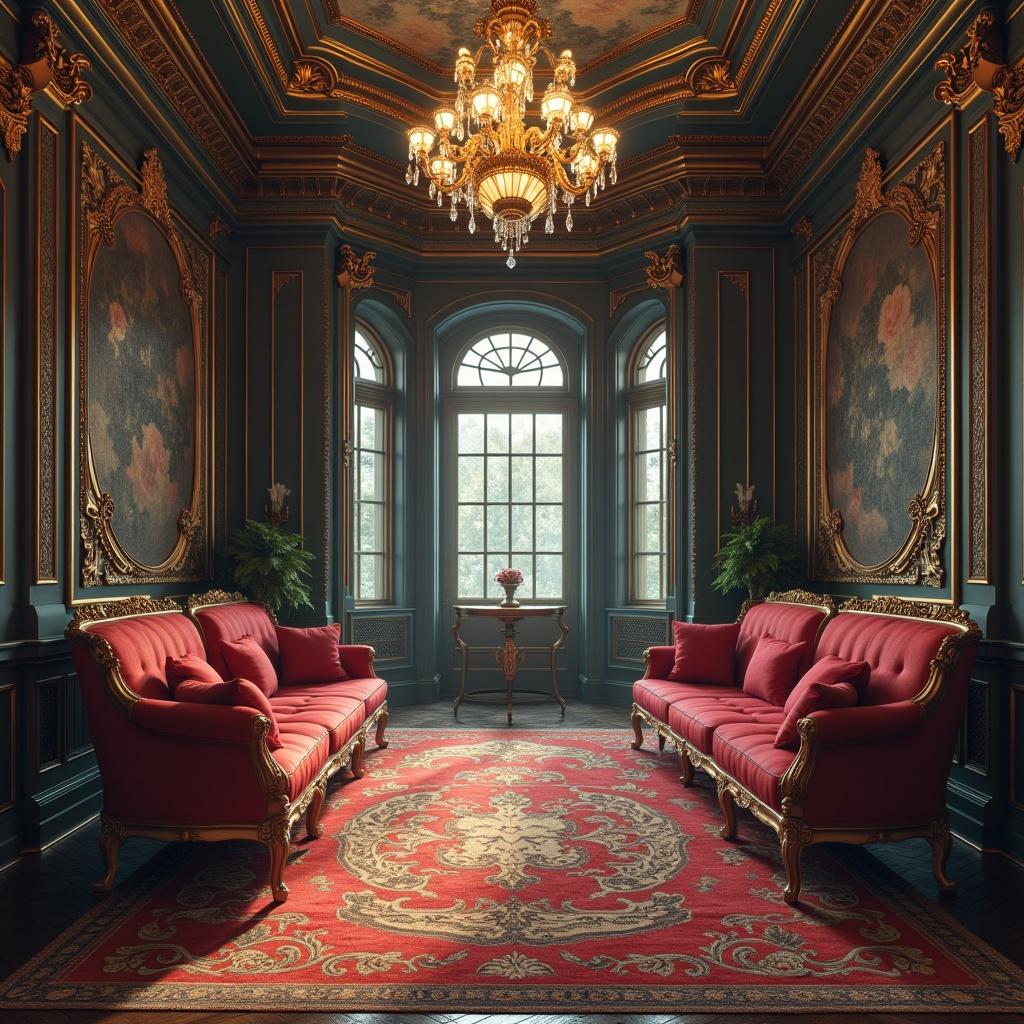 Fancy interior scene featuring red sofas and a chandelier. Wall art with floral designs. Elegant room setting suitable for an album cover.