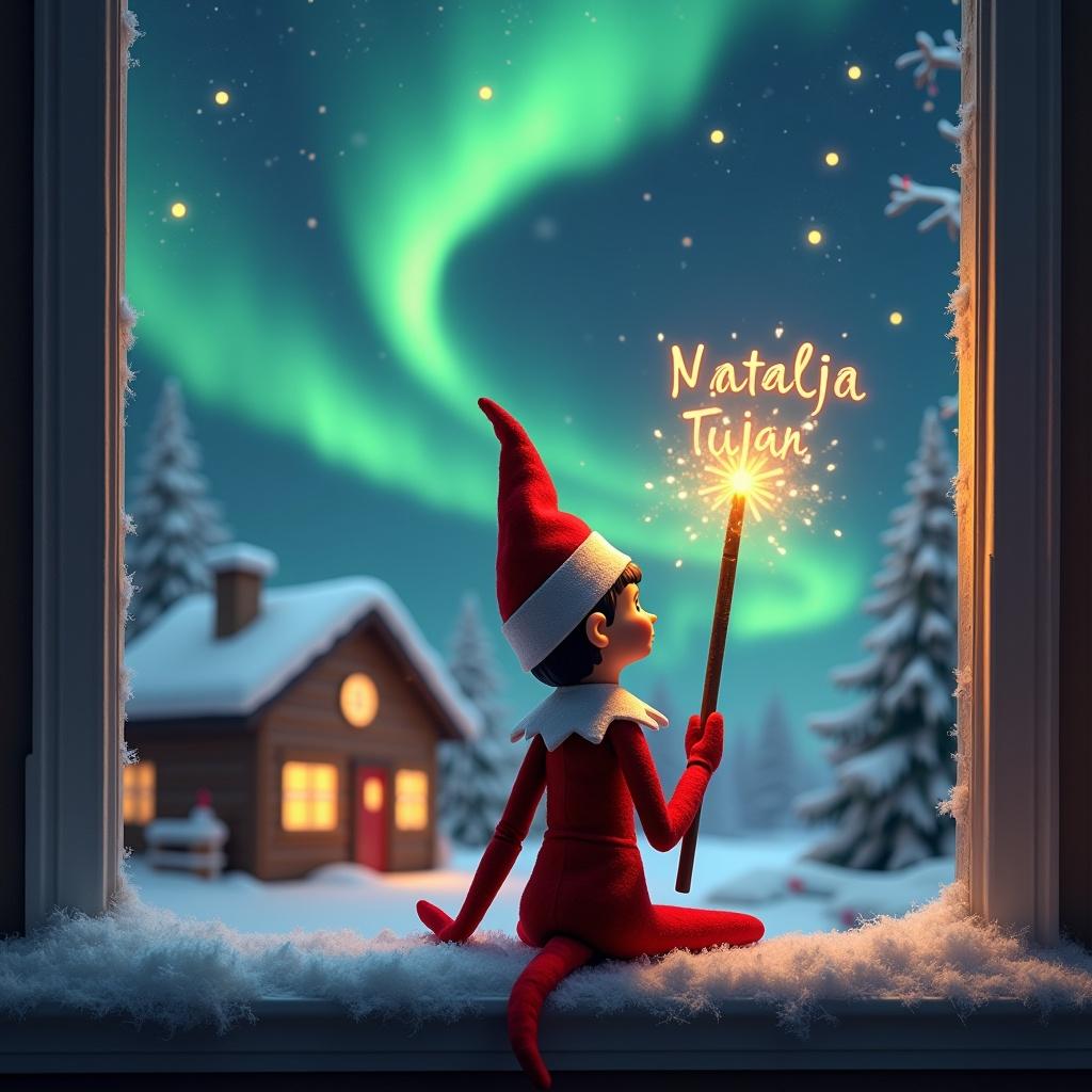 An elf sits with its back to the viewer. The elf gazes at colorful northern lights while holding a glowing wand. A cozy house is visible in the distance. Snow covers the ground. The names 'Natalija & Tijana' appear in the air from the wand, evoking magic and wonder of Christmas.